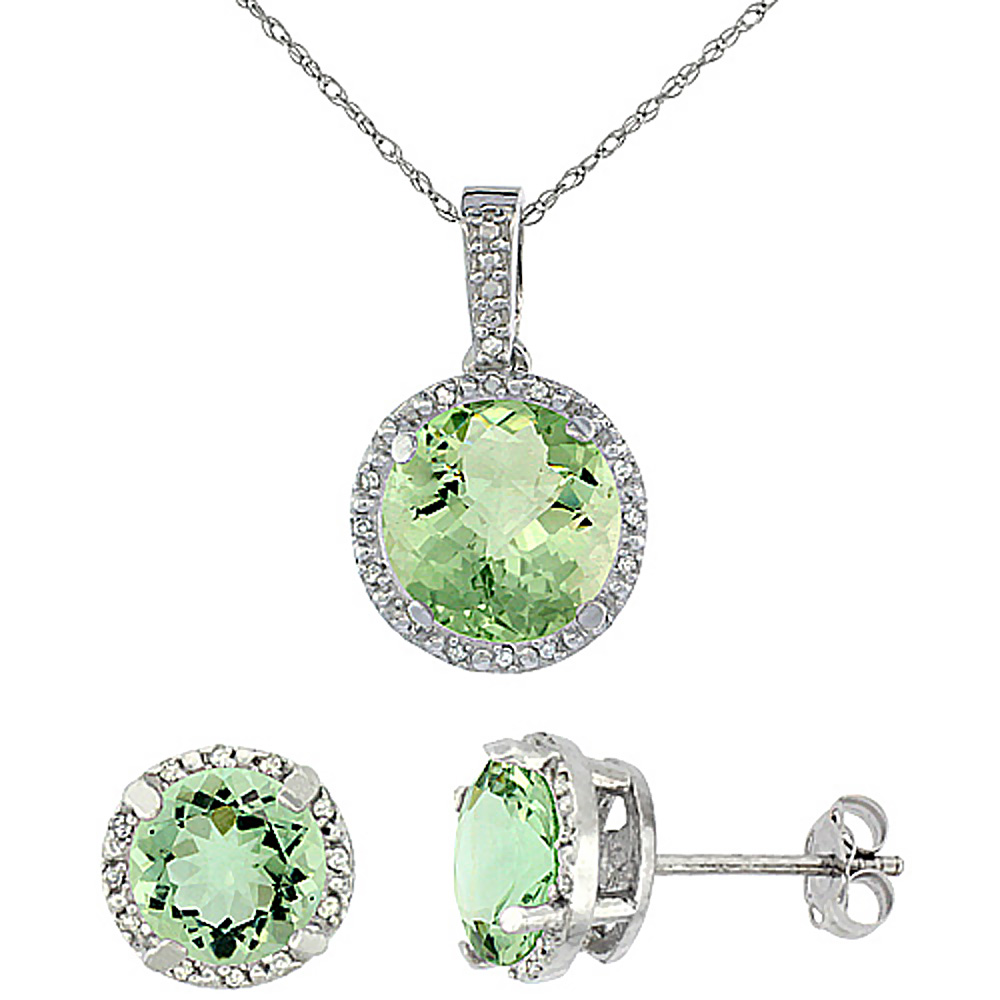 10K White Gold Natural Round Green Amethyst Earrings &amp; Pendant Set Diamond Accents