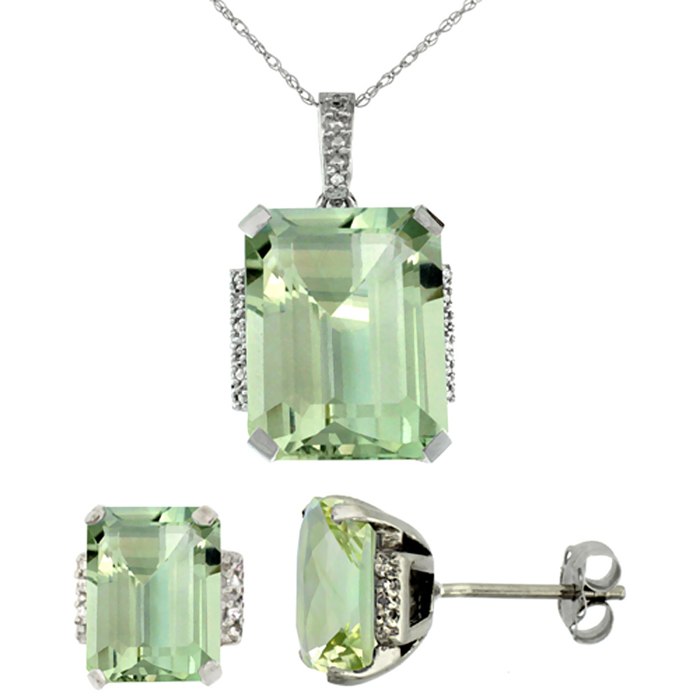 10K White Gold Natural Octagon Green Amethyst Earrings &amp; Pendant Set Diamond Accents