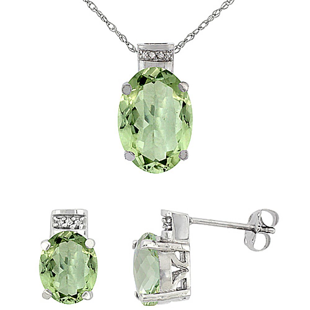 10K White Gold Diamond Natural Oval Green Amethyst Earrings &amp; Pendant Set