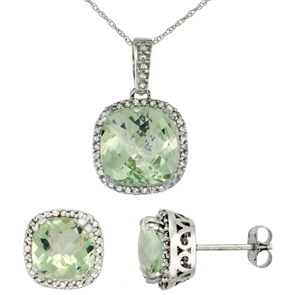 10k White Gold Diamond Halo Natural Green Amethyst Earring Necklace Set 7x7mm &amp; 10x10mm Cushion, 18 inch