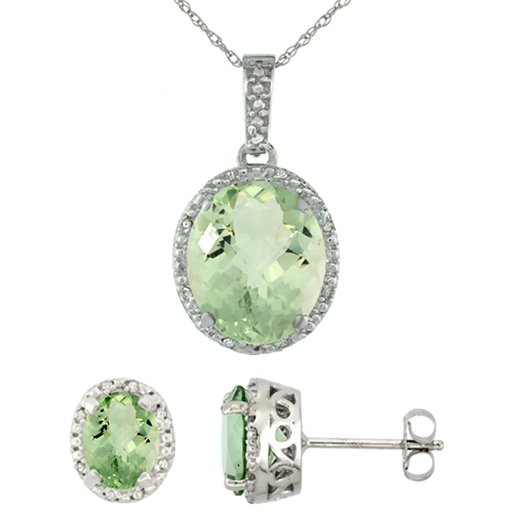 10K White Gold Diamond Halo Natural Green Amethyst Earrings Necklace Set Oval 7x5mm & 12x10mm, 18 inch