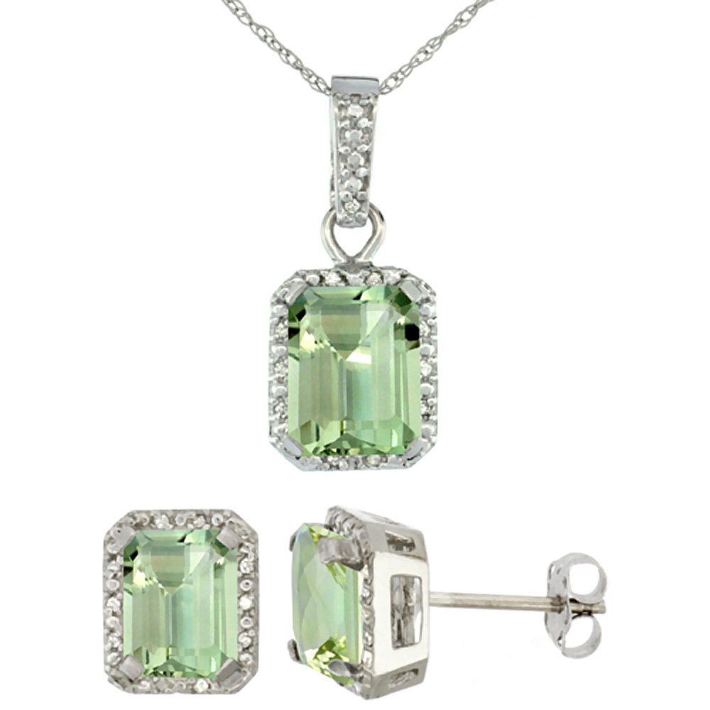 10K White Gold Natural Octagon 8x6 mm Green Amethyst Earrings & Pendant Set Diamond Accents