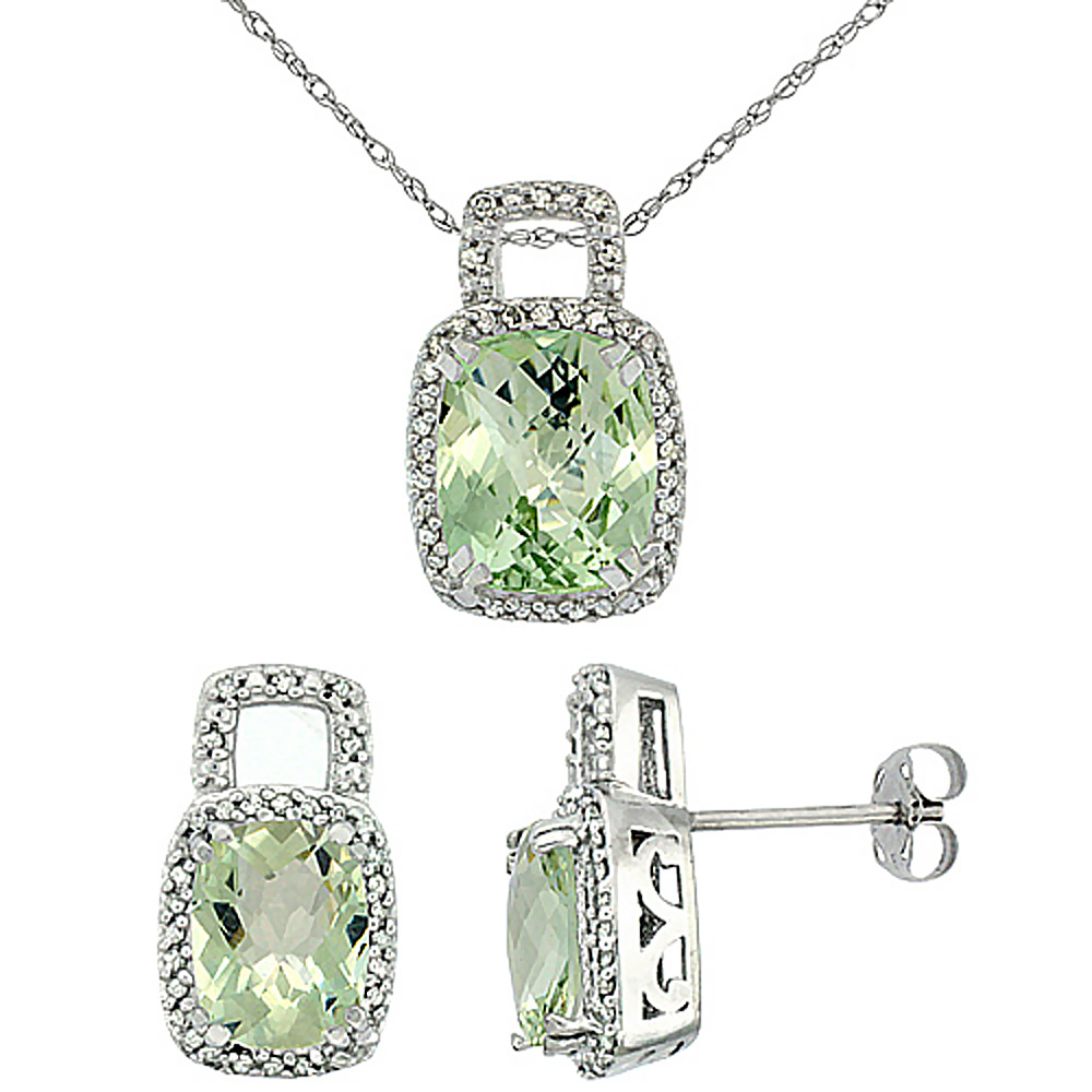 10K White Gold Natural Octagon Cushion Green Amethyst Earrings &amp; Pendant Set Diamond Accents