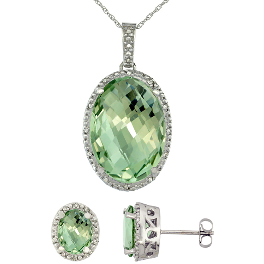 10K White Gold Diamond Natural Oval Green Amethyst Earrings &amp; Pendant Set