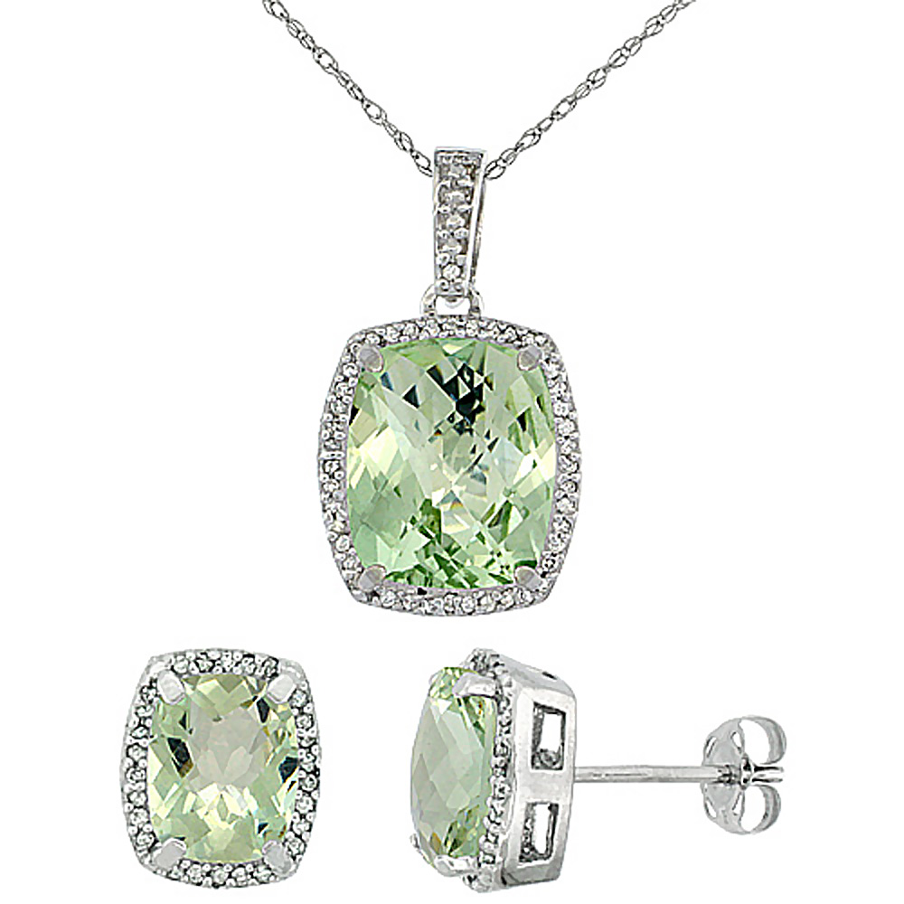 10K White Gold Natural Green Amethyst Octagon Cushion Earrings & Pendant Set