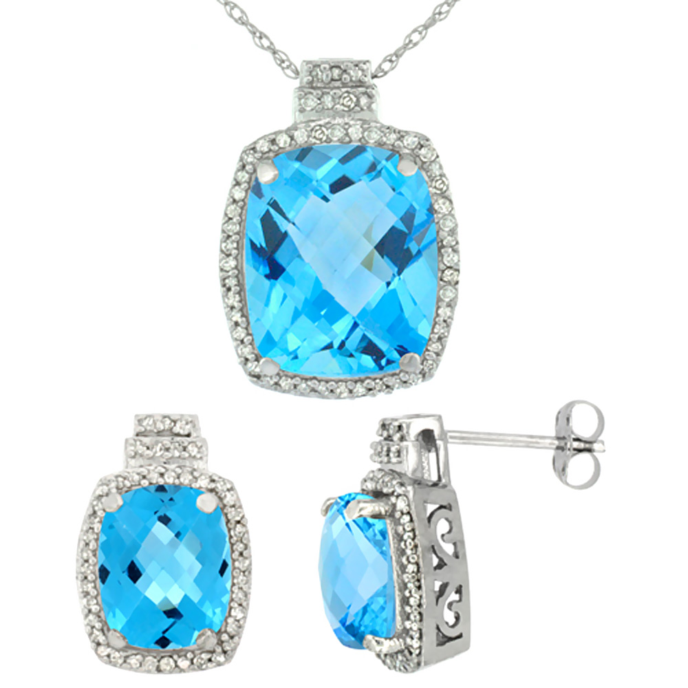 10K White Gold Diamond Natural Swiss Blue Topaz 8x6mm Earring & 11x9mm Pendant Set Octagon Cushion