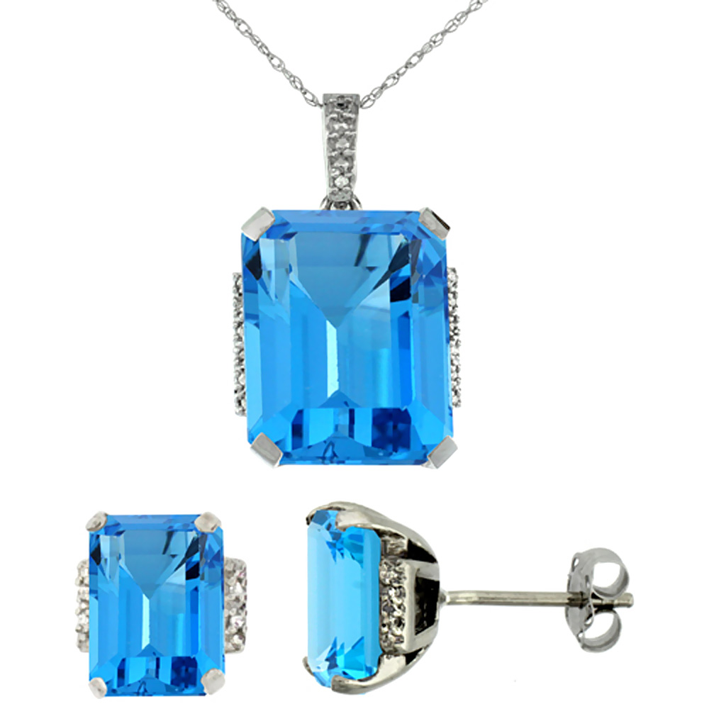 10K White Gold Natural Octagon Swiss Blue Topaz Earrings & Pendant Set Diamond Accents