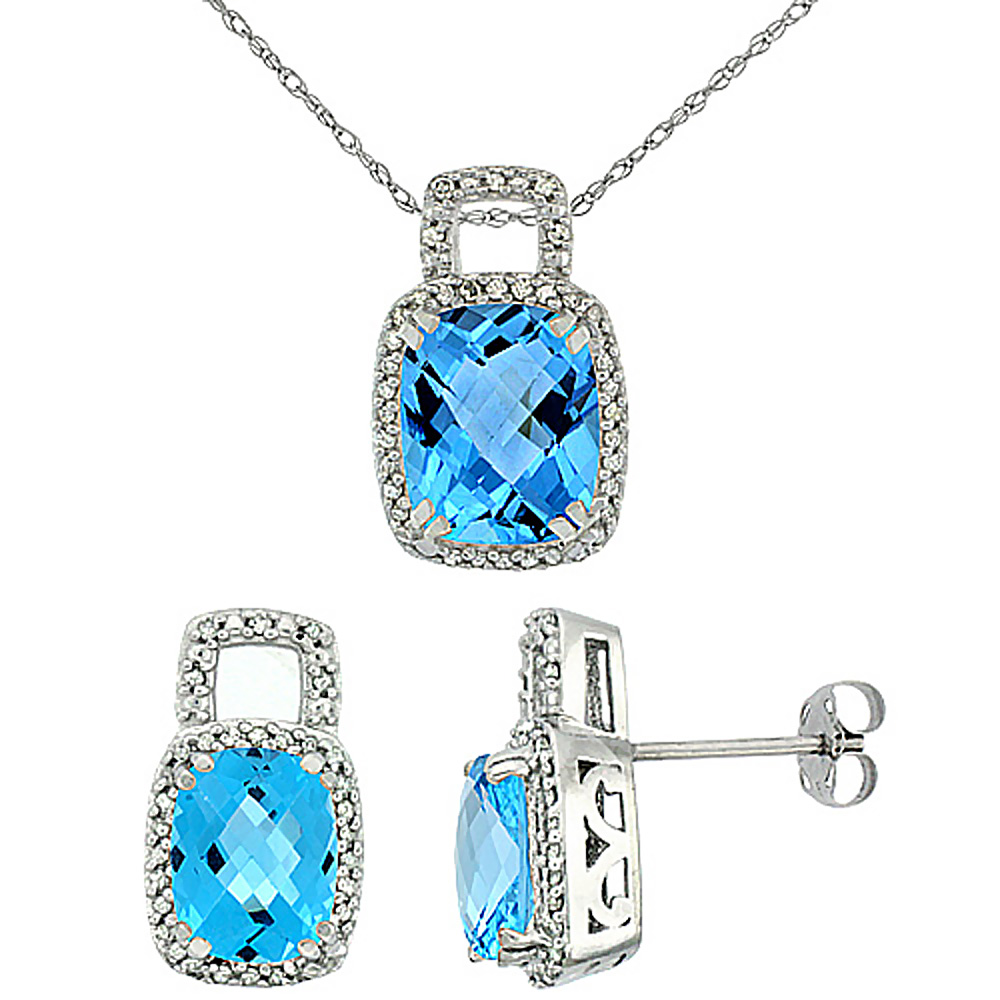 10K White Gold Natural Octagon Cushion Swiss Blue Topaz Earrings & Pendant Set Diamond Accents