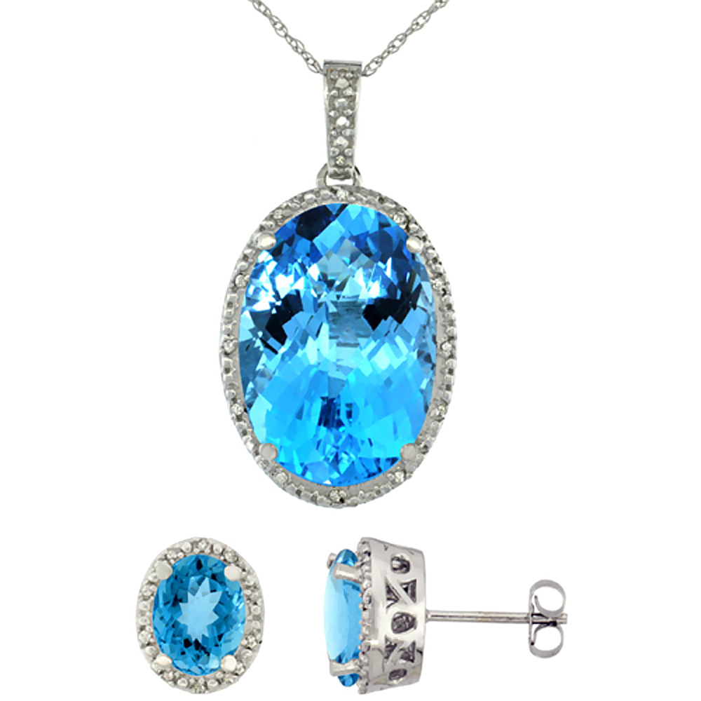 10K White Gold Diamond Natural Oval Swiss Blue Topaz Earrings & Pendant Set