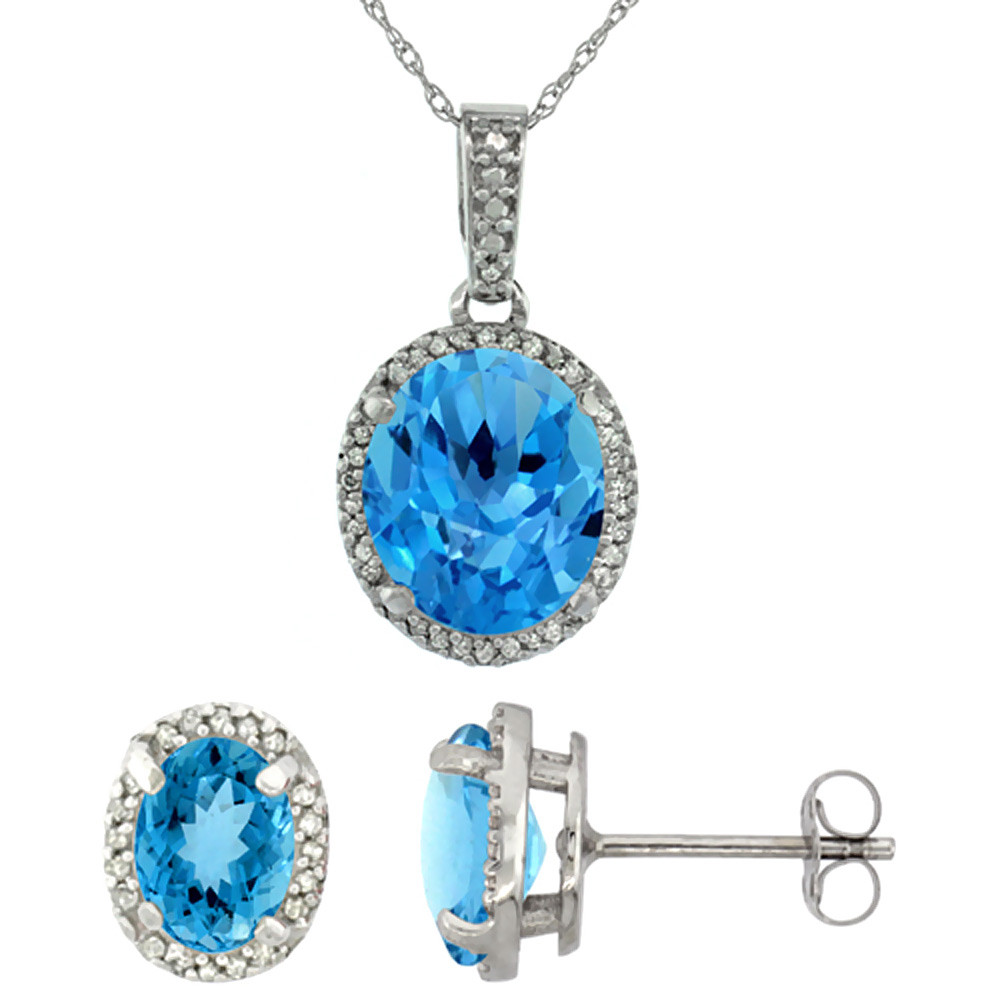 10K White Gold Diamond Natural Swiss Blue Topaz Oval Earrings & Pendant Set