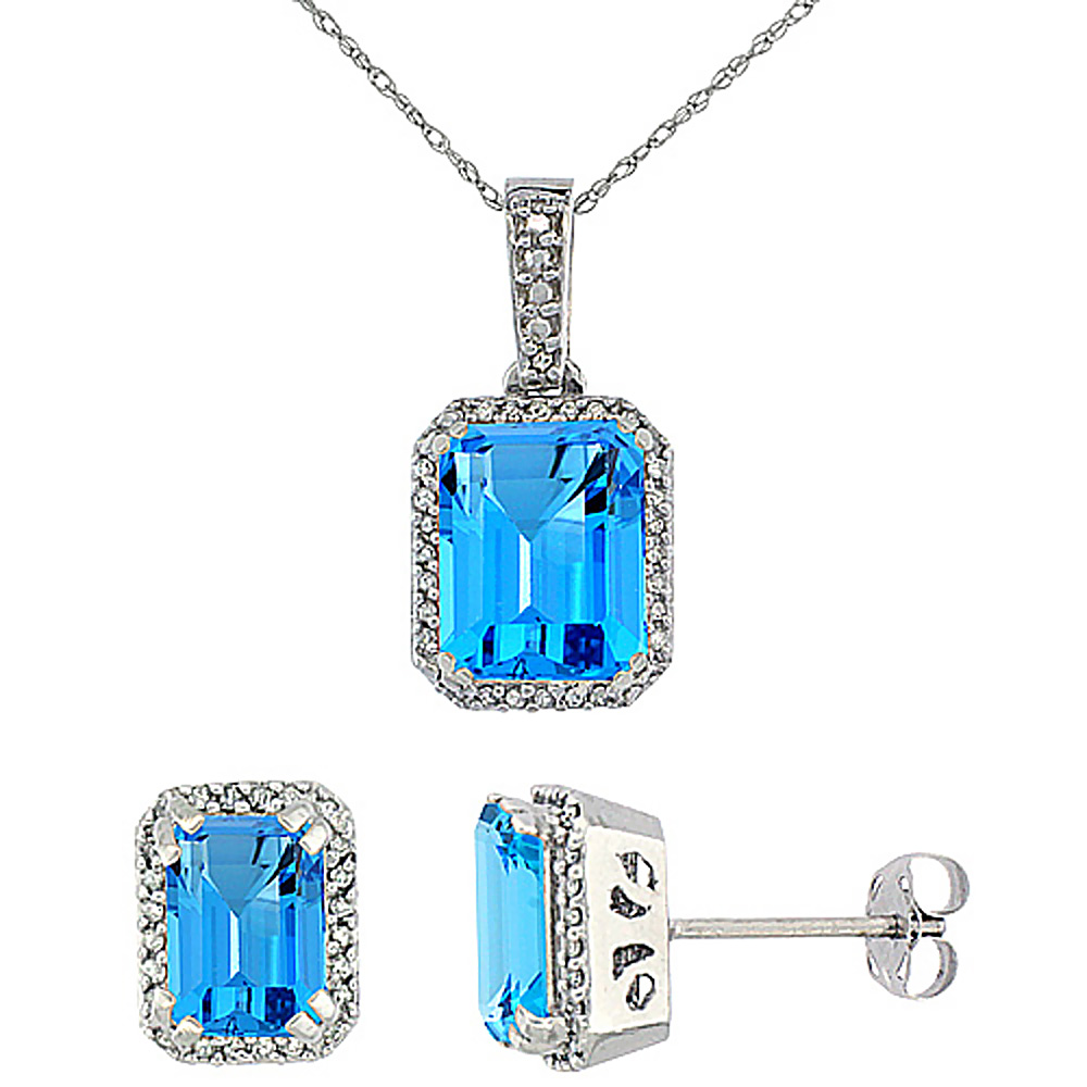 10K White Gold Diamond Natural Octagon Swiss Blue Topaz Earrings & Pendant Set