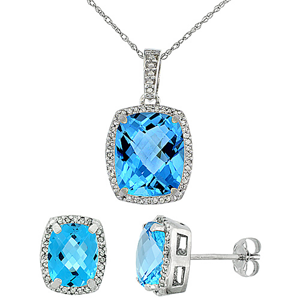 10K White Gold Natural Swiss Blue Topaz Octagon Cushion Earrings & Pendant Set