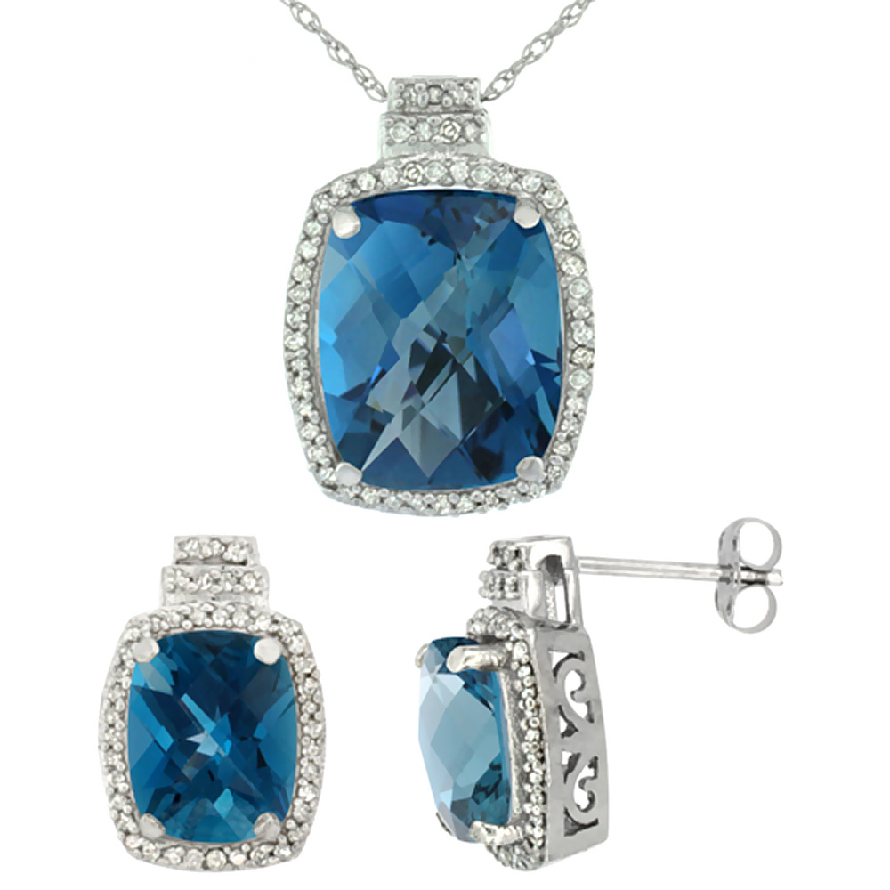 10K White Gold Diamond Natural London Blue Topaz 8x6mm Earring & 11x9mm Pendant Set Octagon Cushion