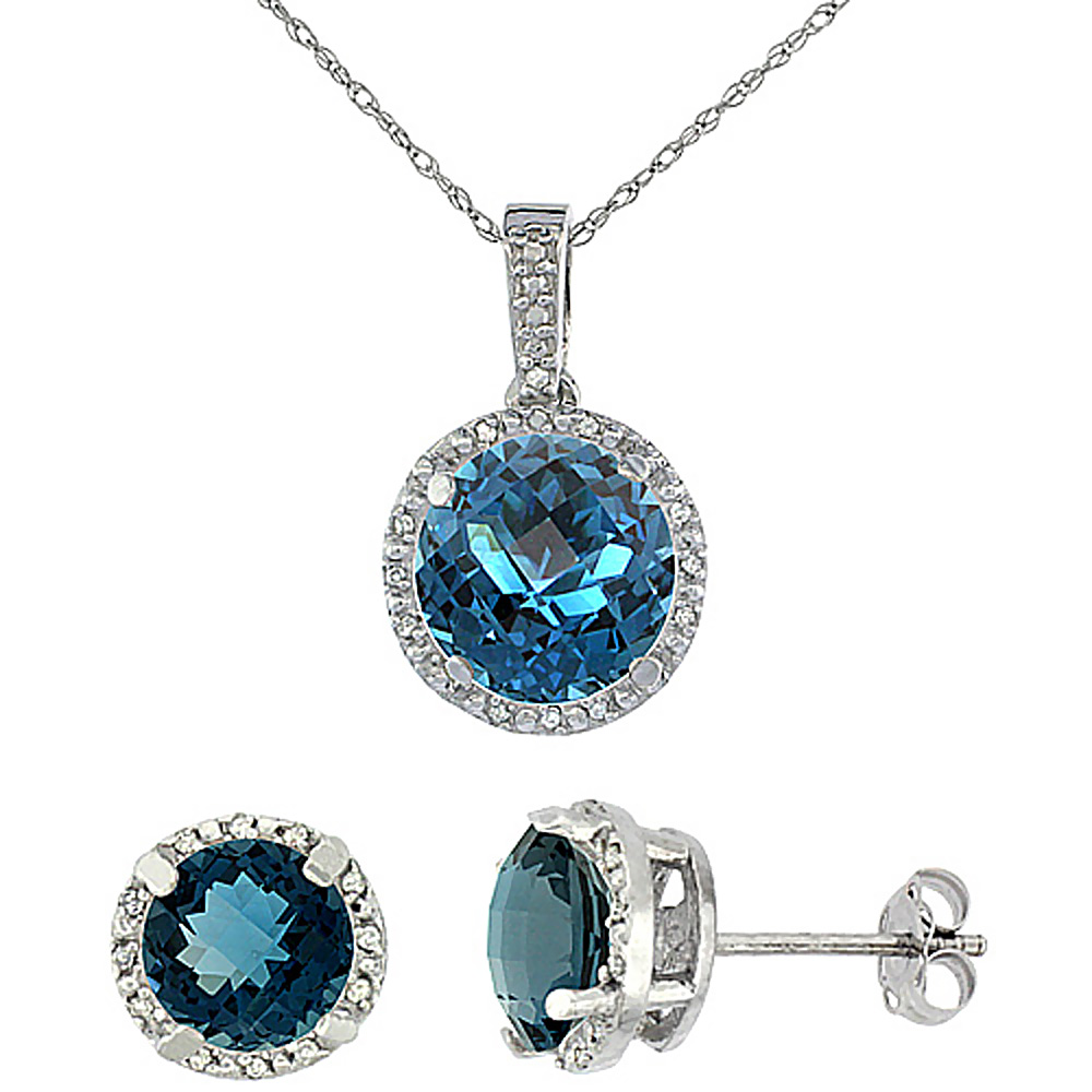 10K White Gold Natural Round London Blue Topaz Earrings &amp; Pendant Set Diamond Accents