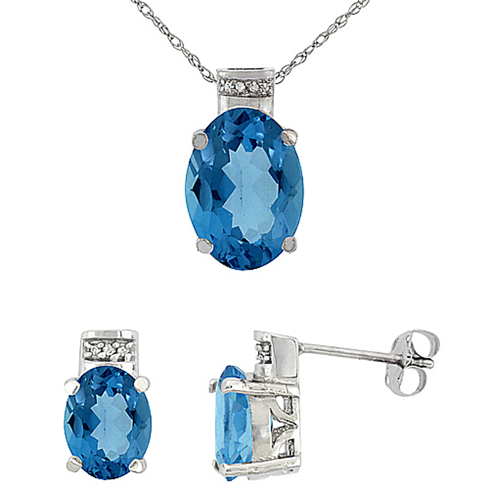 10K White Gold Diamond Natural Oval London Blue Topaz Earrings & Pendant Set