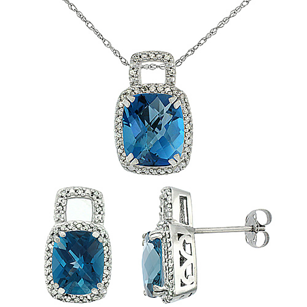 10K White Gold Natural Octagon Cushion London Blue Topaz Earrings &amp; Pendant Set Diamond Accents