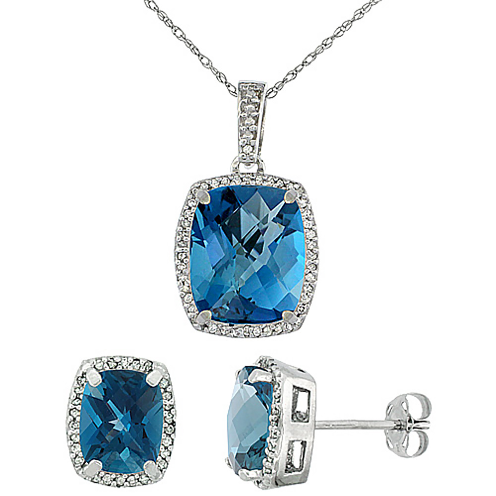 10K White Gold Natural London Blue Topaz Octagon Cushion Earrings & Pendant Set