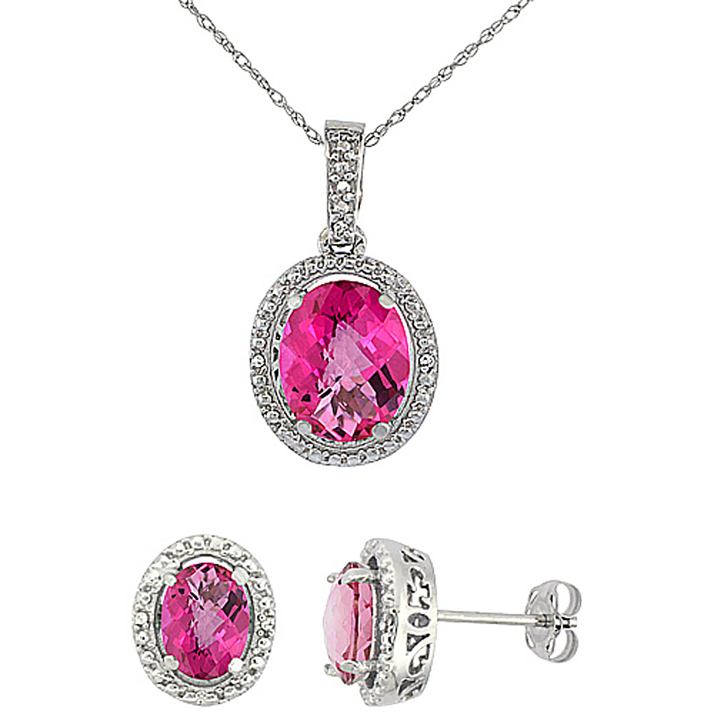 10K White Gold Diamond Natural Pink Topaz Oval Earrings & Pendant Set