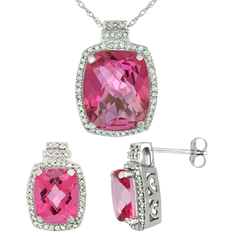 10K White Gold Diamond Natural Pink Topaz 8x6mm Earrings & 11x9mm Pendant Set Octagon Cushion