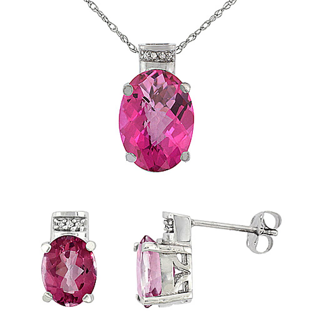 10K White Gold Diamond Natural Oval Pink Topaz Earrings & Pendant Set