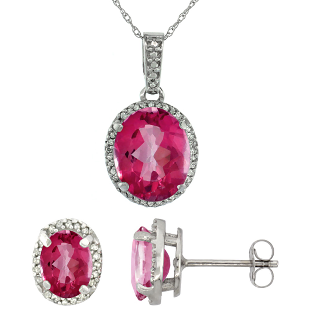 10K White Gold Diamond Natural Pink Topaz Oval Earrings & Pendant Set