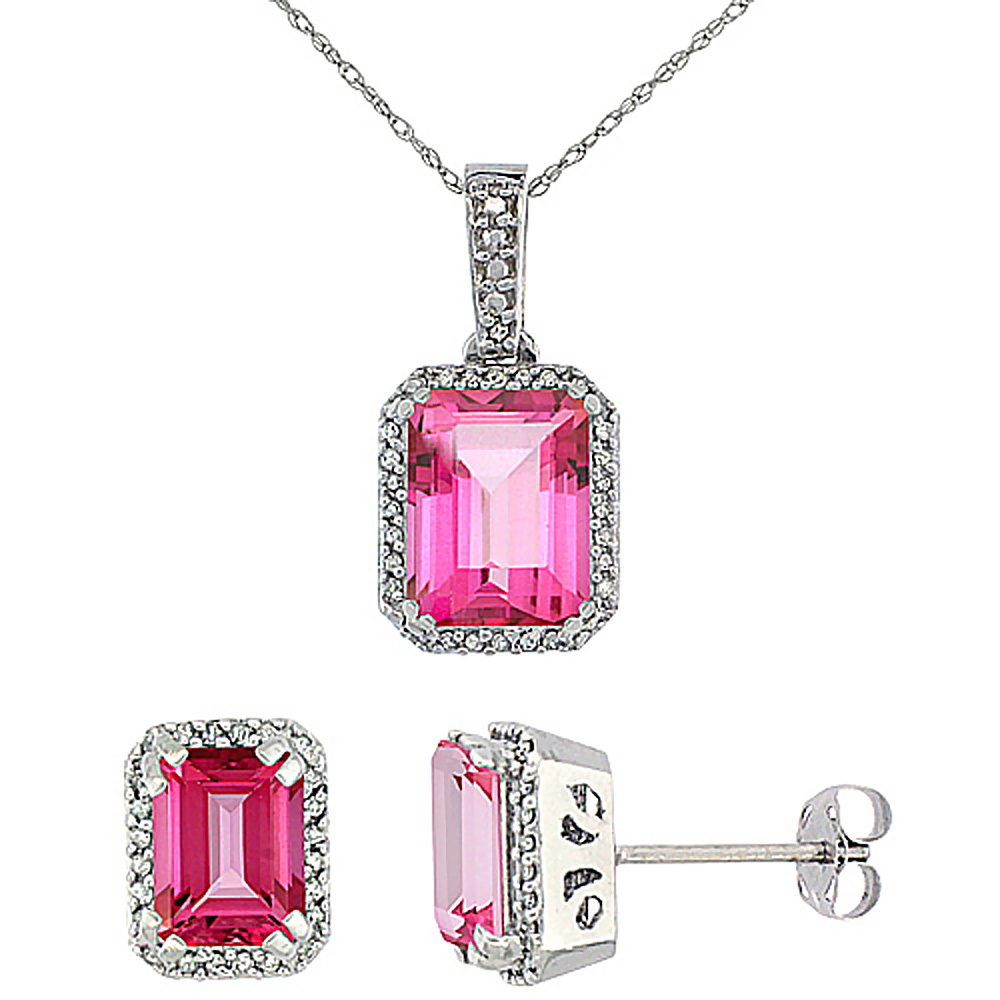 10K White Gold Diamond Natural Octagon Pink Topaz Earrings &amp; Pendant Set