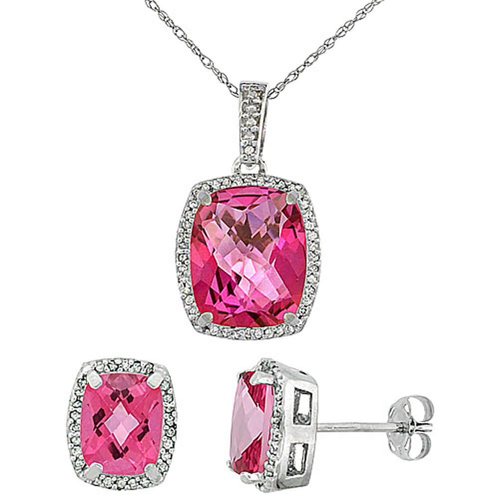 10K White Gold Natural Pink Topaz Octagon Cushion Earrings & Pendant Set