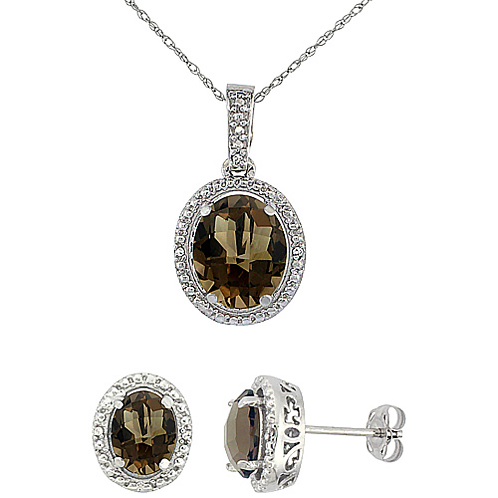 10K White Gold Diamond Natural Smoky Topaz Oval Earrings & Pendant Set