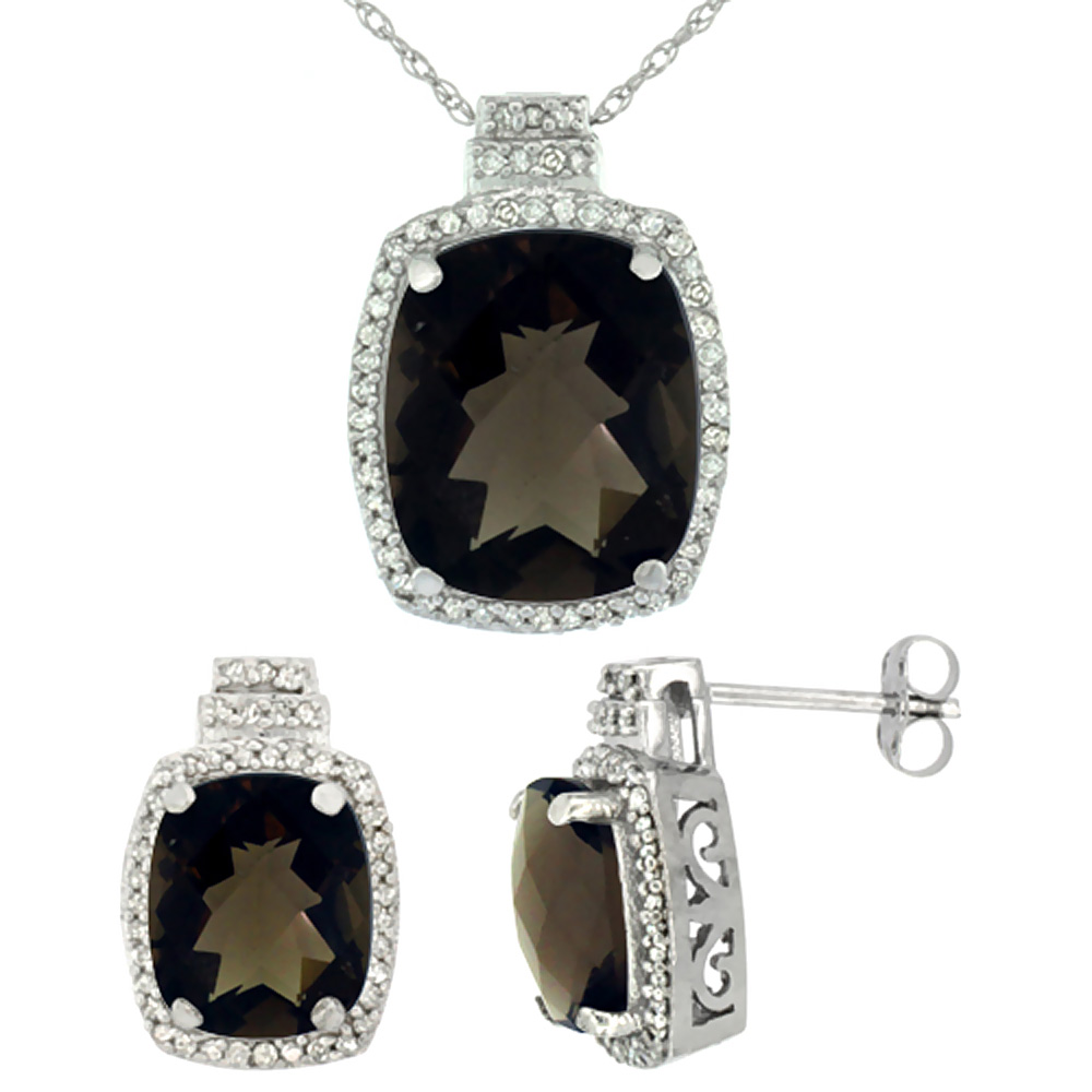 10K White Gold Diamond Natural Smoky Topaz 8x6mm Earrings & 11x9mm Pendant Set Octagon Cushion