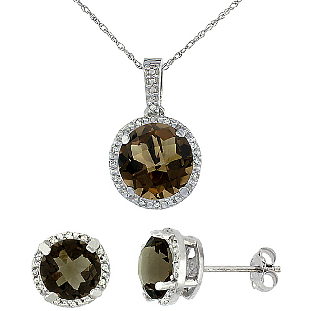 10K White Gold Natural Round Smoky Topaz Earrings & Pendant Set Diamond Accents