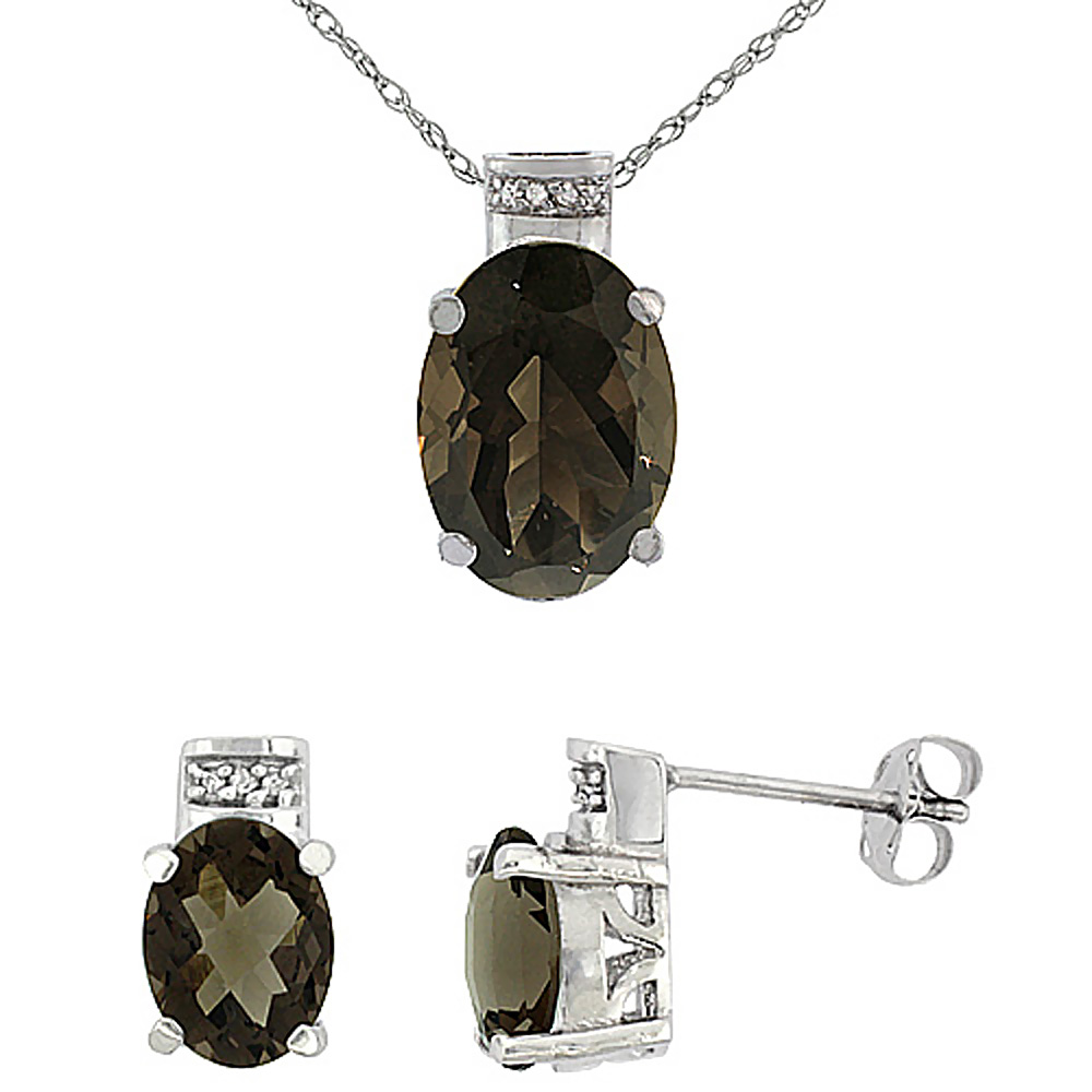 10K White Gold Diamond Natural Oval Smoky Topaz Earrings & Pendant Set