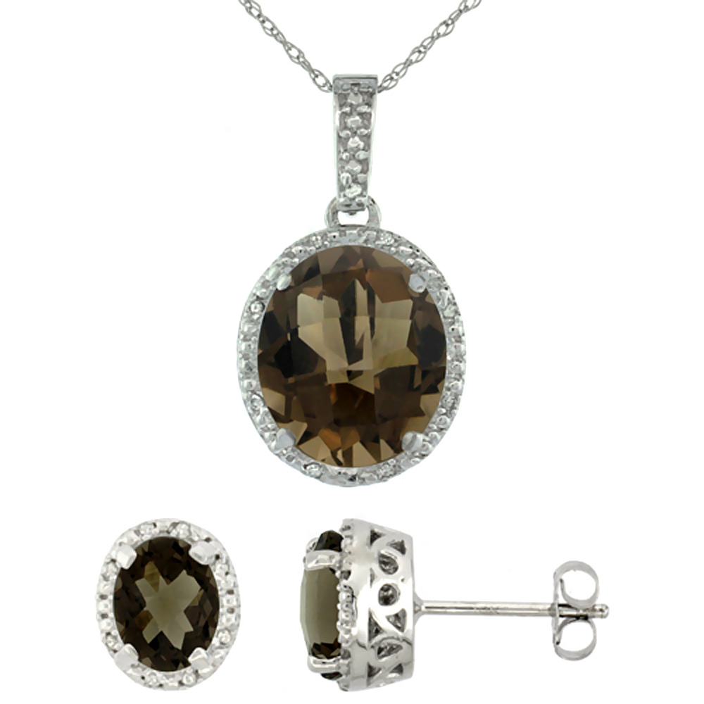 10K White Gold Diamond Halo Natural Smoky Topaz Earrings Necklace Set Oval 7x5mm & 12x10mm, 18 inch