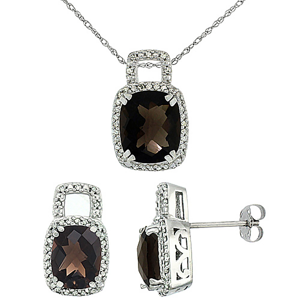 10K White Gold Natural Octagon Cushion Smoky Topaz Earrings & Pendant Set Diamond Accents