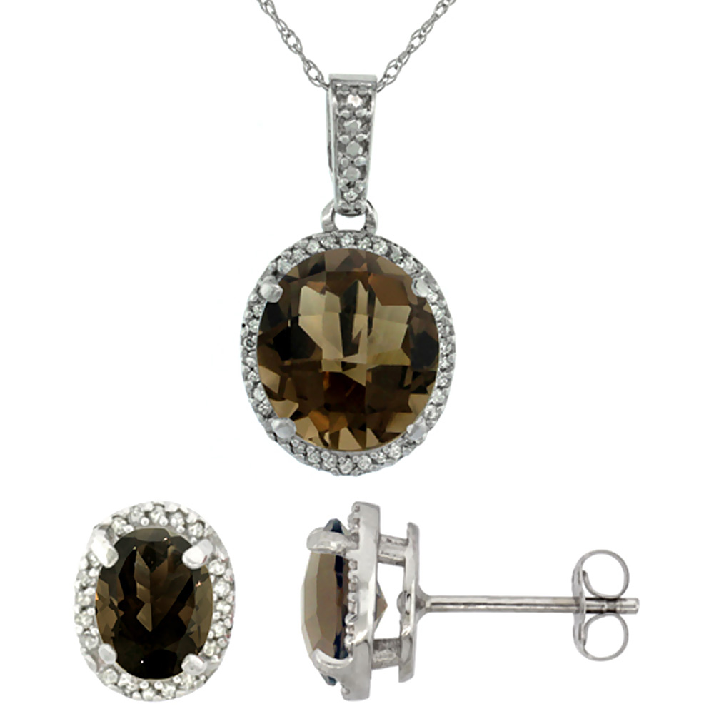 10K White Gold Diamond Natural Smoky Topaz Oval Earrings &amp; Pendant Set