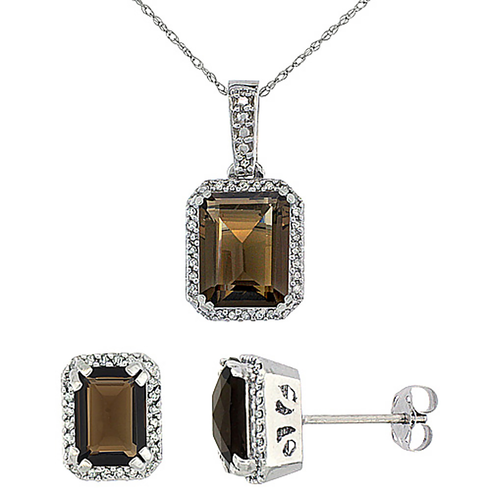 10K White Gold Diamond Natural Octagon Smoky Topaz Earrings &amp; Pendant Set