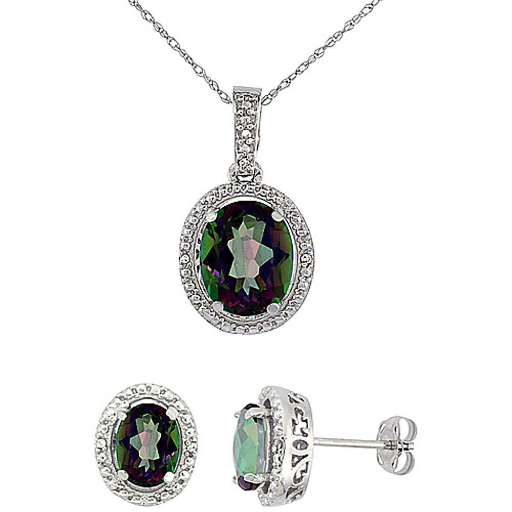 10K White Gold Diamond Natural Mystic Topaz Oval Earrings & Pendant Set