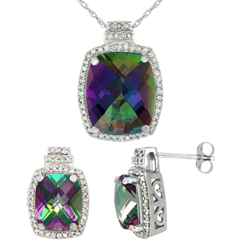 10K White Gold Diamond Natural Mystic Topaz 8x6mm Earrings & 11x9mm Pendant Set Octagon Cushion