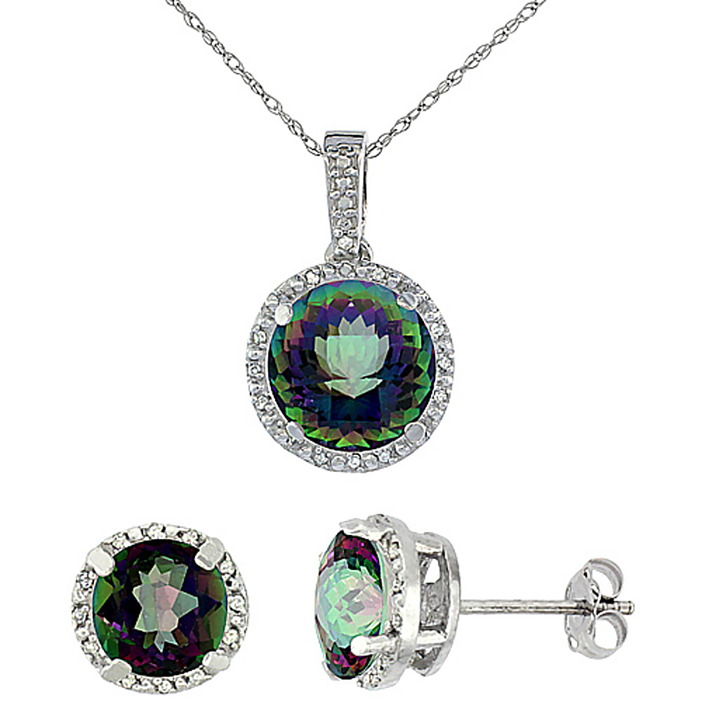 10K White Gold Natural Round Mystic Topaz Earrings & Pendant Set Diamond Accents