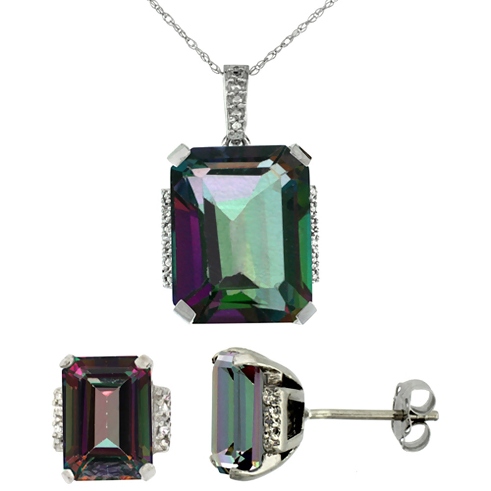 10K White Gold Natural Octagon Mystic Topaz Earrings & Pendant Set Diamond Accents