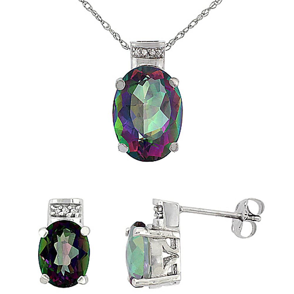 10K White Gold Diamond Natural Oval Mystic Topaz Earrings &amp; Pendant Set