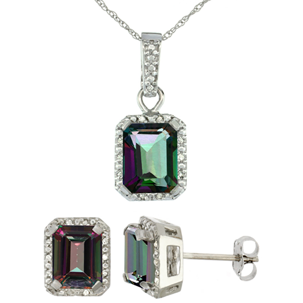 10K White Gold Natural Octagon 8x6 mm Mystic Topaz Earrings & Pendant Set Diamond Accents