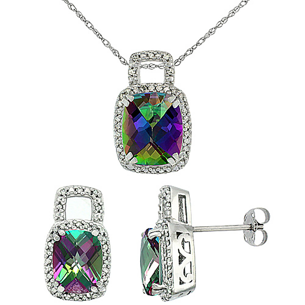 10K White Gold Natural Octagon Cushion Mystic Topaz Earrings & Pendant Set Diamond Accents