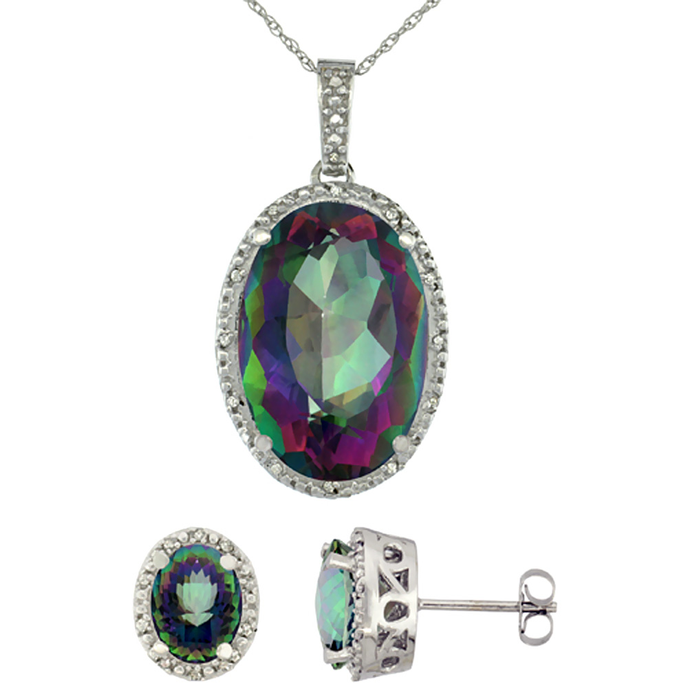 10K White Gold Diamond Natural Oval Mystic Topaz Earrings &amp; Pendant Set