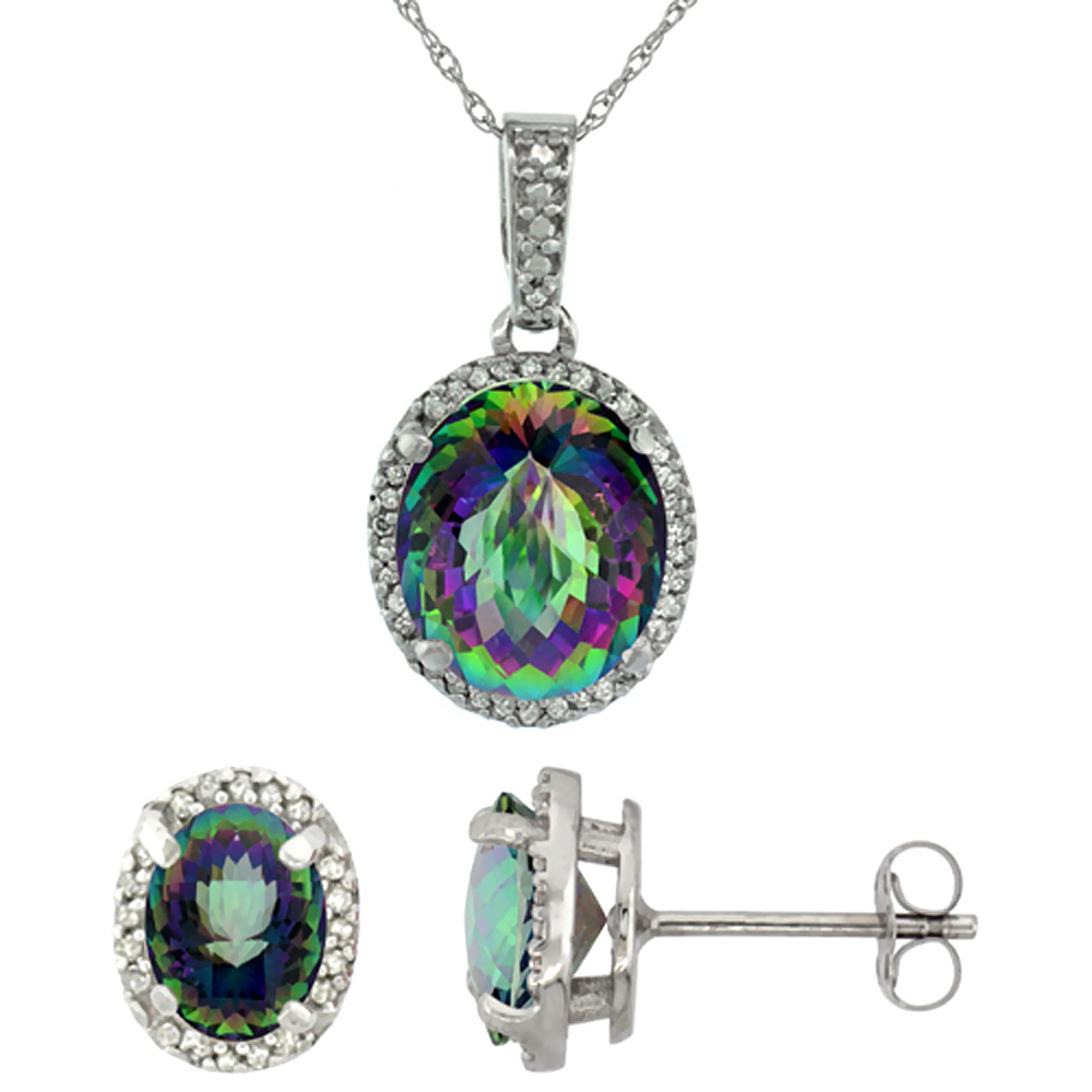 10K White Gold Diamond Natural Mystic Topaz Oval Earrings & Pendant Set