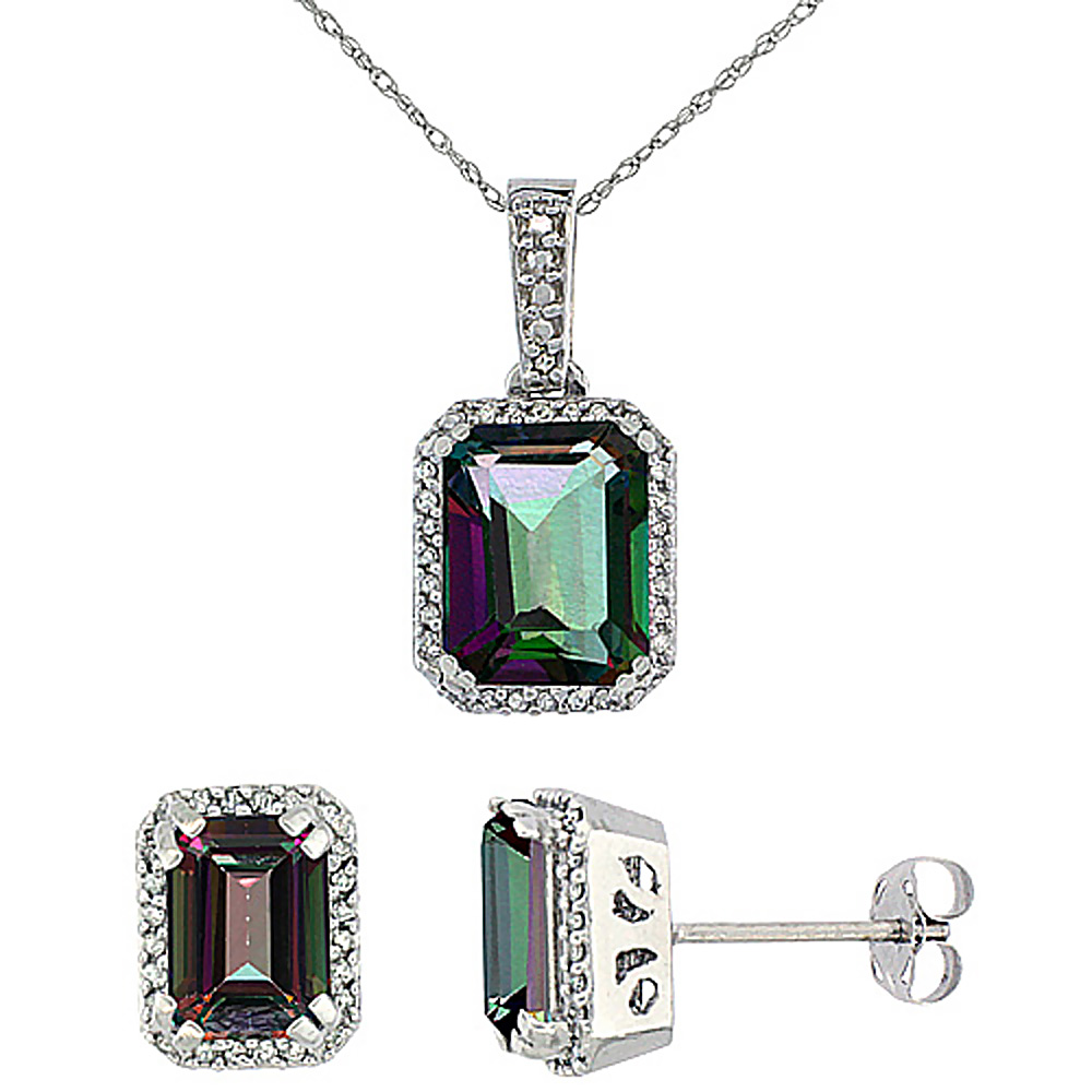 10K White Gold Diamond Natural Octagon Mystic Topaz Earrings &amp; Pendant Set