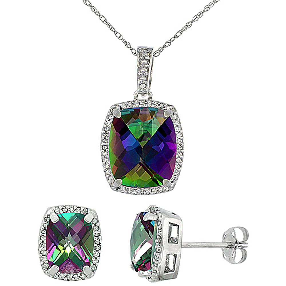 10K White Gold Natural Mystic Topaz Octagon Cushion Earrings & Pendant Set