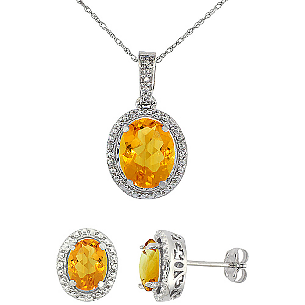 10K White Gold Diamond Natural Citrine Oval Earrings & Pendant Set