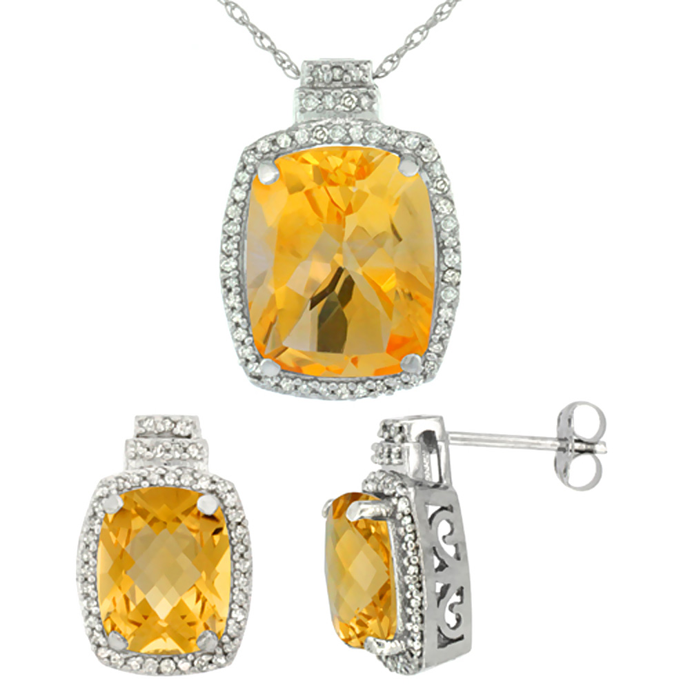 10K White Gold Diamond Natural Citrine 8x6mm Earrings & 11x9mm Pendant Set Octagon Cushion