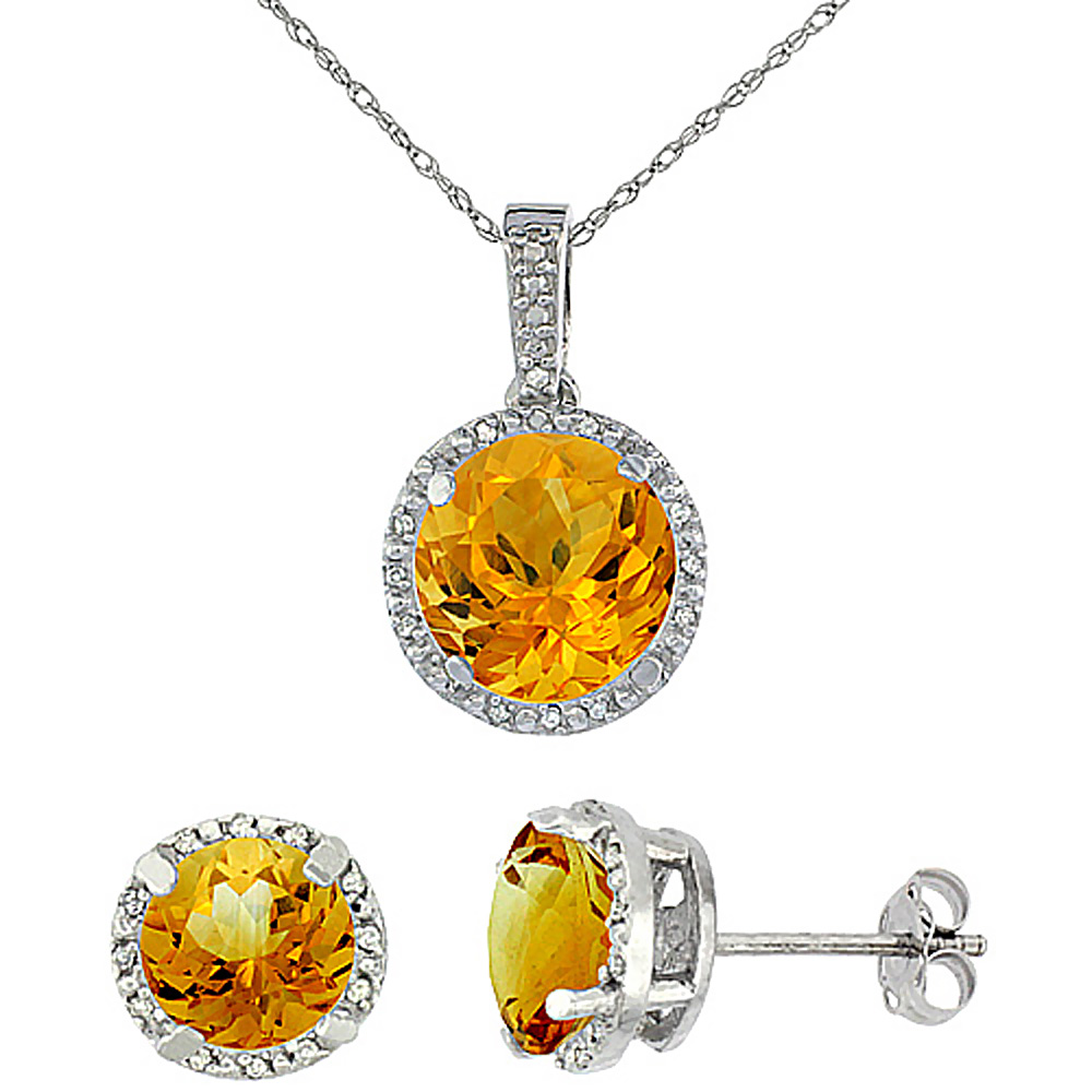 10K White Gold Natural Round Citrine Earrings &amp; Pendant Set Diamond Accents