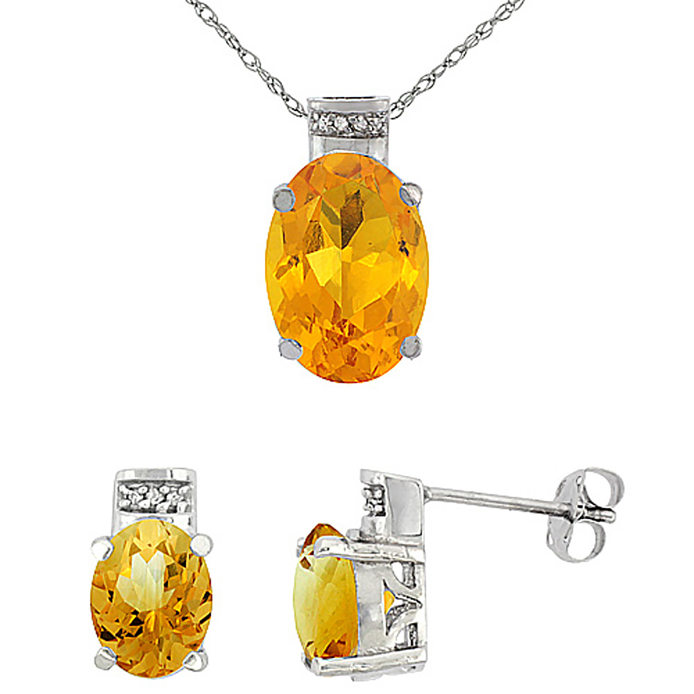 10K White Gold Diamond Natural Oval Citrine Earrings &amp; Pendant Set